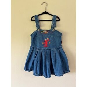 Vintage Sesame Street Elmo Denim Overall Dress Girls 3T Blue Pleated Embroidered